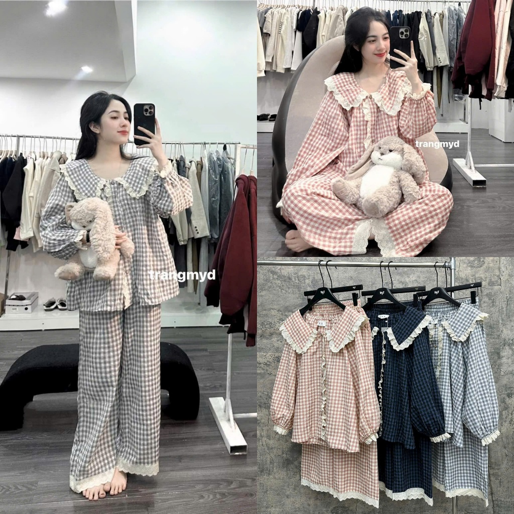   BIGSIZE  METWO. - Set bộ ngủ pijama thô đũi mềm kẻ caro babydoll dài tay FORM RỘNG phối viền ren bèo dày dặn ulzzang HQ 