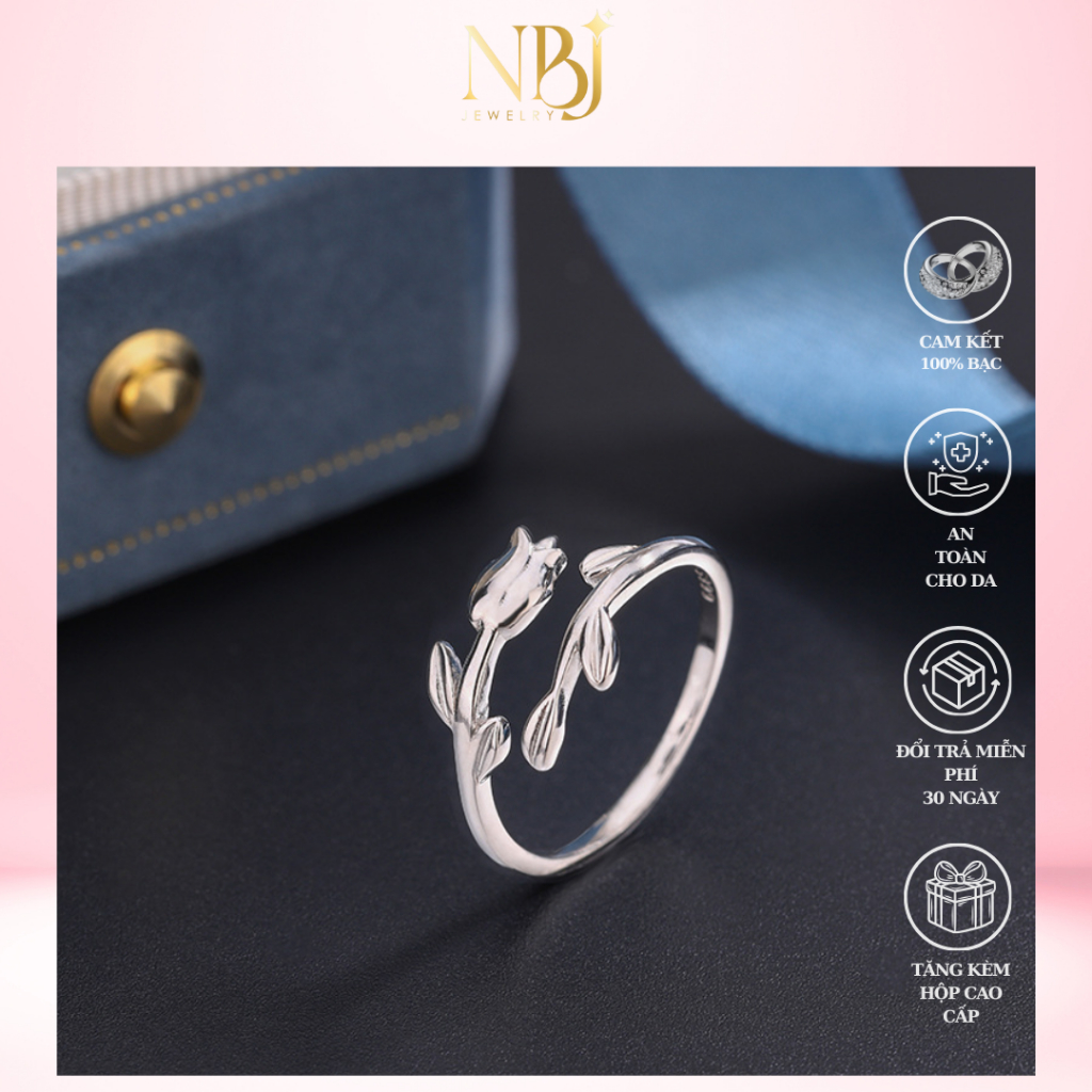 Nhẫn Bạc S999 Bạc Ta Mặt Hoa Tulip Có Thể Điều Chỉnh Size Theo Ngón Đeo N_0004