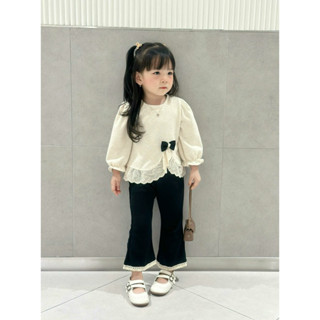 (9-16kg) Bộ quần áo dài tay len lông thỏ Đính Ren Nơ cho bé gái