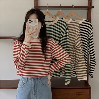  Áo thun dệt kim tay dài form rộng nữ kiểu kẻ ngang cổ tròn len mongtoghi phong cách ulzzang Hàn Quốc 