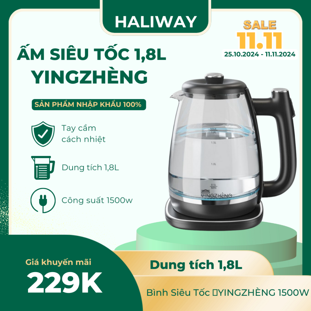 Ấm Siêu Tốc HALIWAY Thủy Tinh Cao Cấp 2.0L Yingzheng Công Suất 1500w AN1