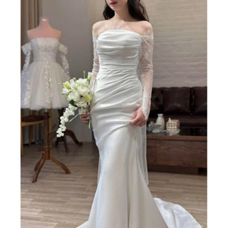 Váy Cưới Body Đuôi Cá Trễ Vai Phối Ren Mi Cao Cấp Cho Dâu Đi Bàn Dự Tiệc Size SML V791 AĐ BOUTIQUE