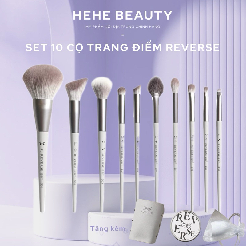 REVERSE - Bộ 10 Cọ Trang Điểm REVERSE CAO CẤP siêu mềm mịn.  TẶNG kèm hộp đựng da