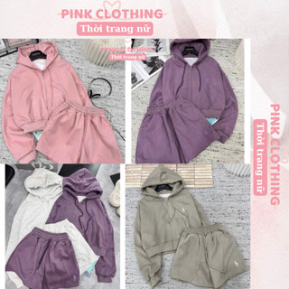 Set Bộ Nỉ Hoodie Zip Thêu Logo Ngựa Lót Lông Mềm Mịn