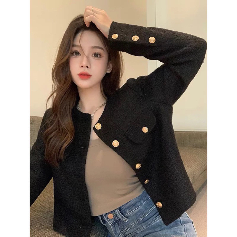 【Sẵn S-XL-Giao Luôn】Áo Dạ Tweed Màu Đen, Cổ Tròn, Cúc vàng Chất Dạ Tweed Dày Dặn Chuẩn Loại Đẹp QC Cao Cấp | BigBuy360 - bigbuy360.vn
