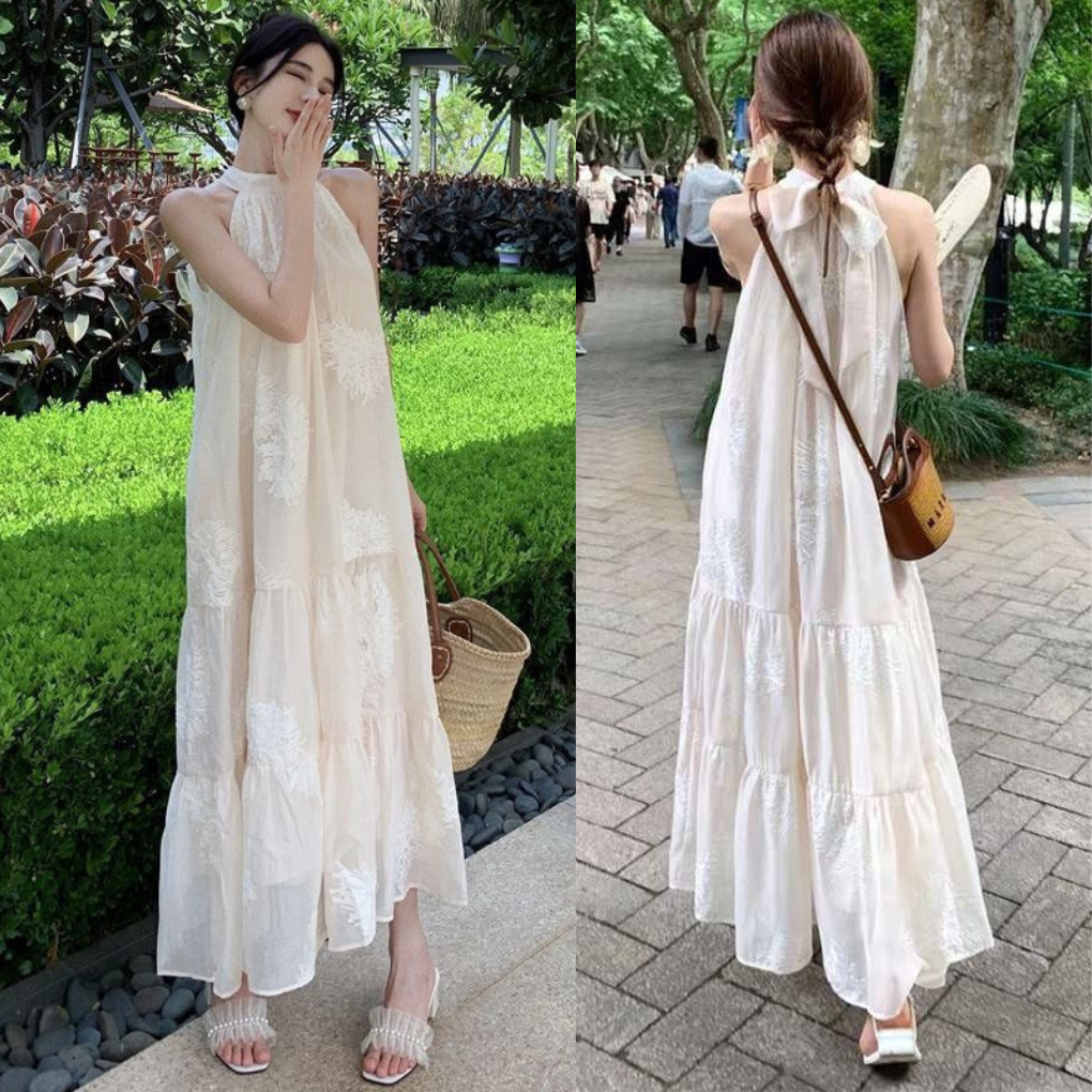 Váy maxi đi biển chất vải voan thêu hoa, phom to đẹp VAY15