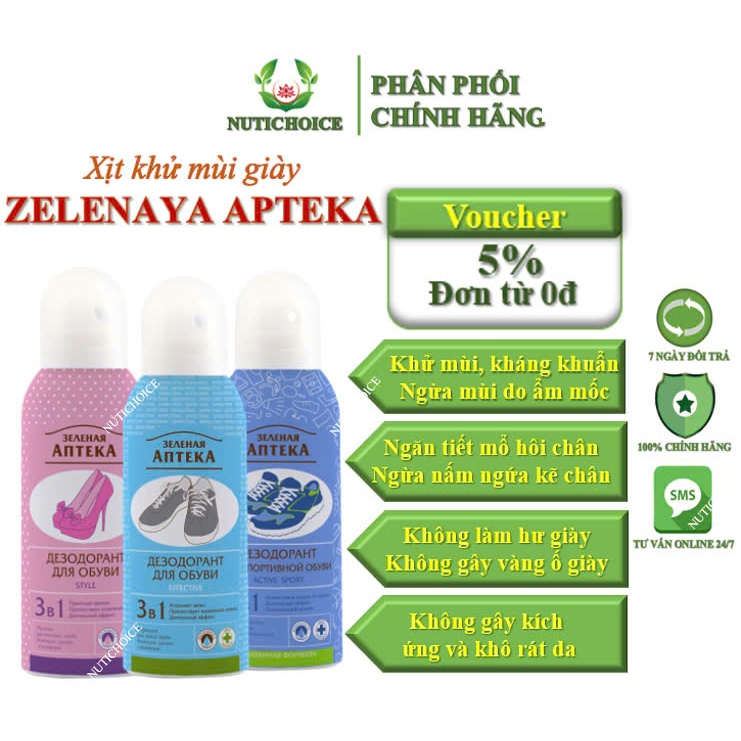 Xịt khử mùi giày Zelenaya Apteka kháng khuẩn ngăn tiết mồ hôi, ngừa ẩm nấm mốc, bảo vệ da chân, không làm ố giày - 150ml