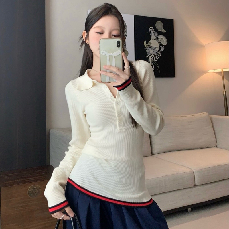[ẢNH THẬT] SẴN Áo len thun có cổ polo dài tay ôm tôn dáng viền đỏ màu trơn chiết eo body ulzzang Hàn Quốc Retro y2k