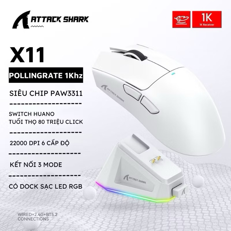 Chuột Gaming Không Dây Attack Shark X11 dock sạc / Attack Shark R1 / 3 chế độ kết nối / tặng kèm grip tape