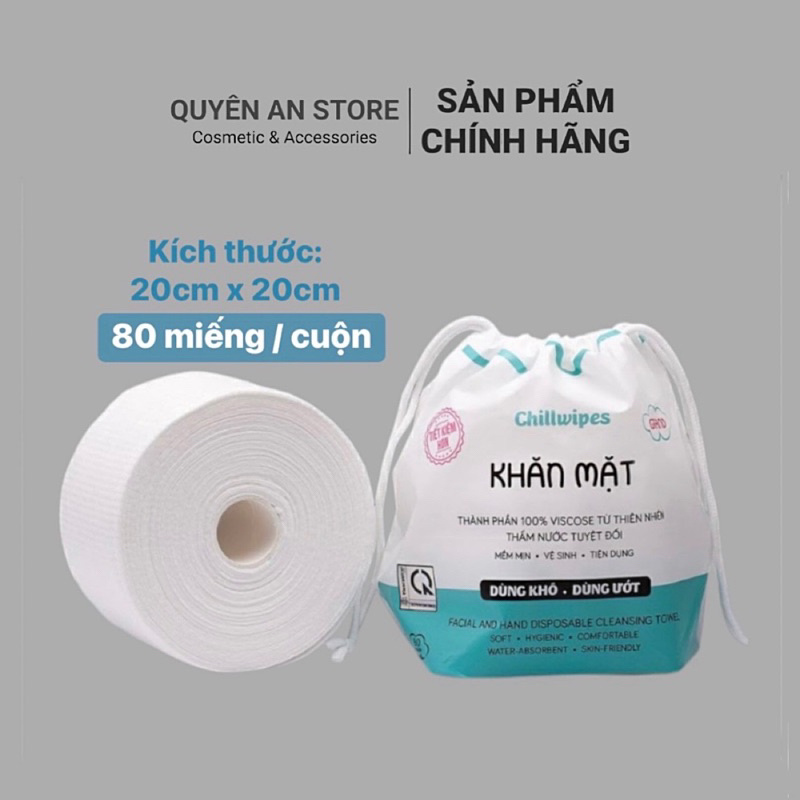 Khăn mặt khô Chillwipes, khăn mặt dùng một lần cuộn 80 miếng (20cm x 20cm)