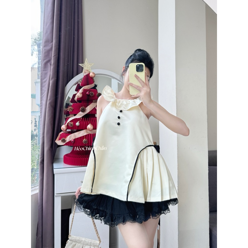 Set Áo Yếm Babydoll Cổ Bèo Đính Nơ Kèm Chân Váy Voan Viền Ren Xoè | Hèo Chinh Chắn