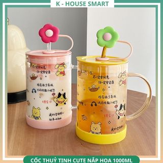 Cốc thuỷ tinh K House cute nắp hoa, có ống hút, có tay cầm 1000ML