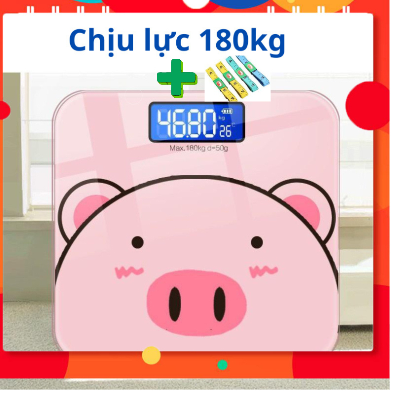 Cân sức khoẻ điện tử heo hồng chịu tải 180kg tặng thước dây 1m5 và pin