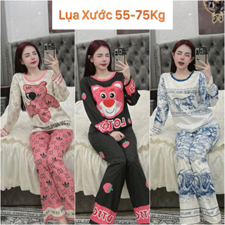 [Bigsize 55-75kg]-Bộ ngủ, đồ mặc nhà, pijama lụa xước cổ tròn, tay dài quần dài dễ thương, thoải mái