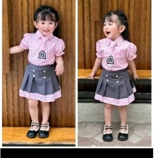 Sét Áo sơ mi lụa sọc (9-35kg) + cà vạt thêu + chân váy xếp ly mềm mịn Len