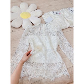 [110] Áo ren nữ dài tay Estoree họa tiết phối hoa trà buộc eo trắng kem dài tay hai lớp hàn thiết kế cao cấp sang xin