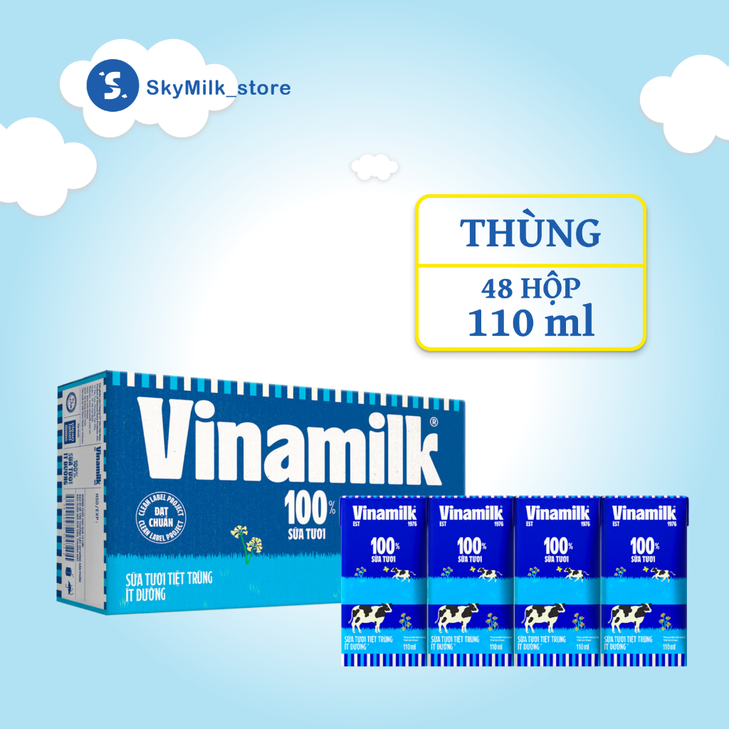 Vinamilk - Thùng 48 hộp 110ml - Sữa tươi tiệt trùng Ít đường Vinamilk - Sữa tươi tiệt trùng Vinamilk