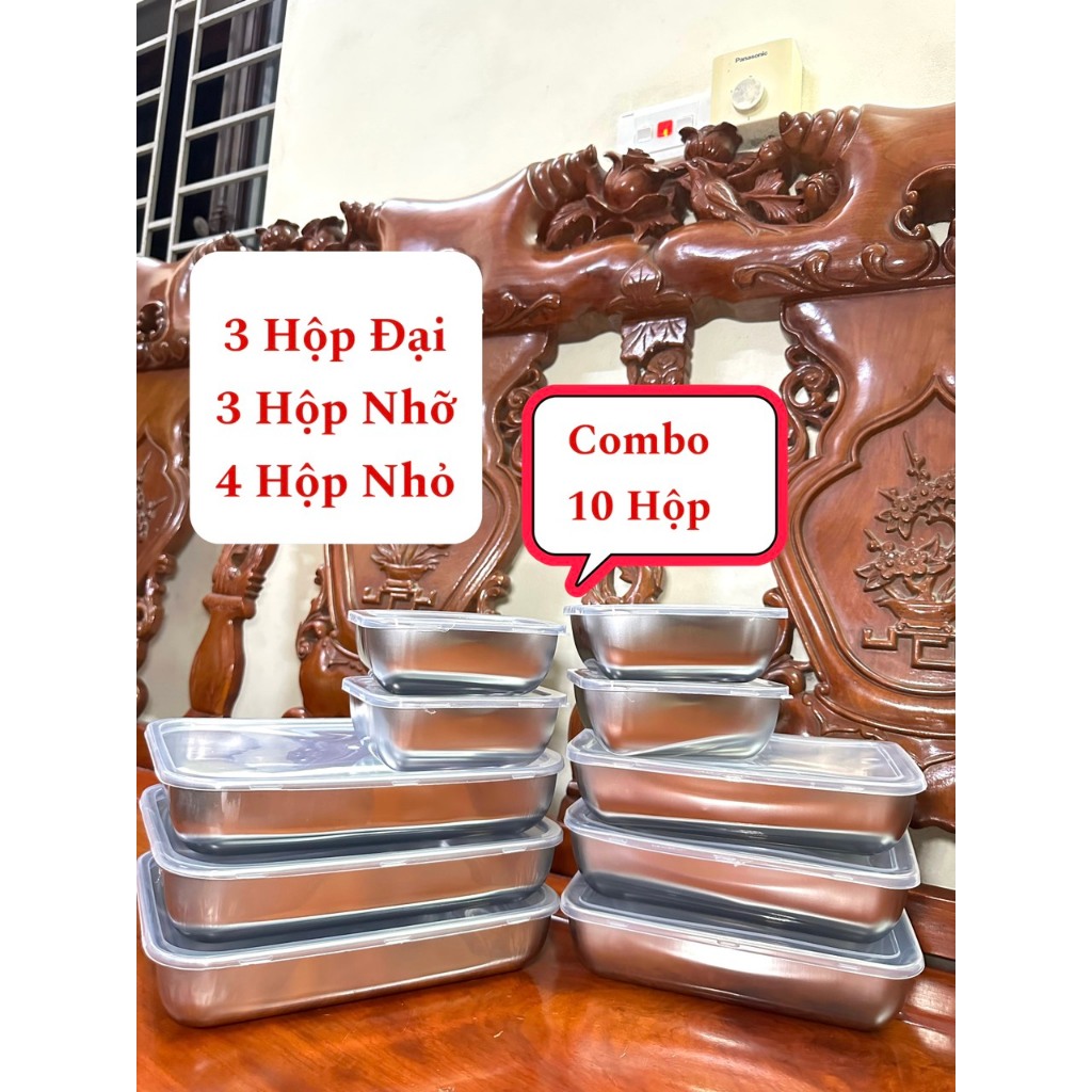 Combo 10 Hộp 3 Khay To + 3 Khay trung Có Nắp Đậy Inox 304 +4 Khay Nhỏ Đựng Đồ Ăn Tiện Lợi