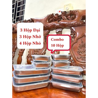 Combo 10 Hộp 3 Khay To + 3 Khay trung Có Nắp Đậy Inox 304 +4 Khay Nhỏ Đựng Đồ Ăn Tiện Lợi