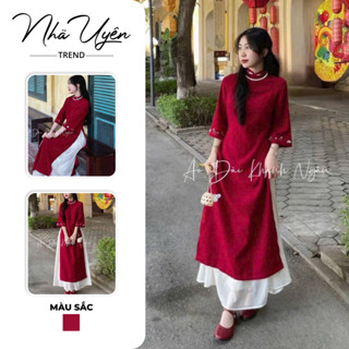  Tổng hợp áo dài nhung ĐỎ cách tân dáng suông tay lỡ ,thêu hoa mix váy voan tơ trắng dành cho nang du xuân diện TẾT 2026 