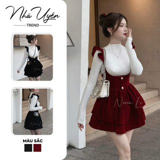  Set yếm váy nữ tiểu thư chất Nhung cho nàng đi chơi TẾT ,set váy xòe yếm NHUNG cánh tiên áo cổ tròn tay dài thun tăm 