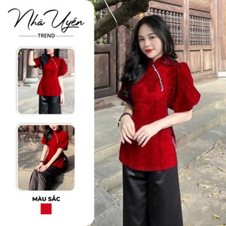 Set đồ lam nữ ,set áo Nhung sườn xám kết ngọc tay phồng, Cổ tàu nhung đỏ kèm quần đen dành cho nàng diện TẾT,đi lễ chùa