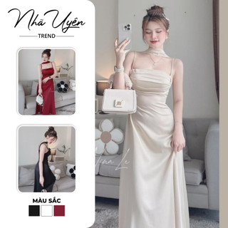 Đầm thiết kế cho các nàng đi dự tiệc sang chảnh, đầm 2 dây dáng dáng xòe xếp ly ngang ngực kèm dây chocker 3 màu