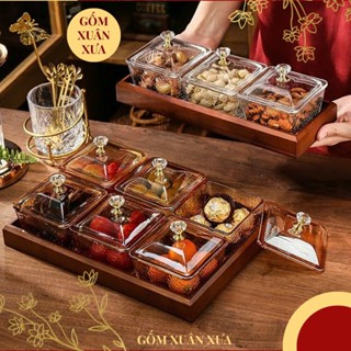 Khay Đựng Mứt Tết Hũ Thủy Tinh Nắp Nhựa Gốm Xuân Xưa, Hộp đựng bánh kẹo, Khay bánh kẹo tết, Khay mứt, khay mứt tết