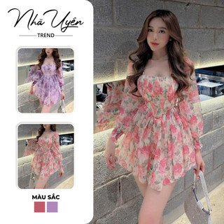 Đầm váy ngắn - Đầm váy hoa dáng ngắn xòe tay dài bèo cột dây chất voan hoa 2 lớp bánh bèo phù hợp đi biển,hẹn hò.cafe
