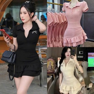 Đầm thời trang nữ, đầm thun tăm tay ngắn cổ sơ mi thêu nơ ôm body rút dây eo dáng váy ngắn viền bèo tầng xòe