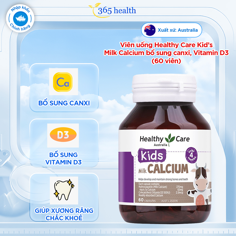 Viên uống Healthy Care Kid’s Milk Calcium bổ sung canxi, Vitamin D3 (60 viên)