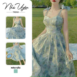 Đầm váy hoa đi biển - maxi đi biển hoa xanh hai dây cột nơ bầu ngực dáng xoè tiểu thư bánh bèo cực xinh mát nhauyentrend