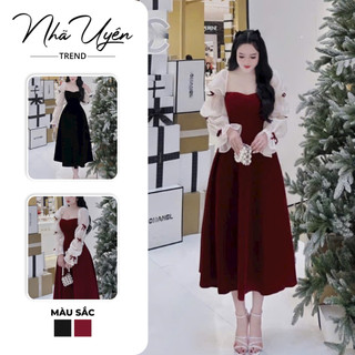Đầm váy nữ diện TẾT,Đầm NHUNG tay dài voan phồng đính nơ cổ bầu ngực dáng dài siêu xinh chất nhung đẹp dành cho nàng