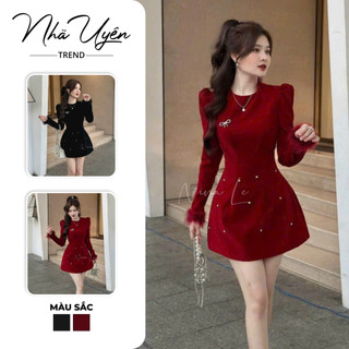Set đầm nhung - Đầm váy nữ sang trọng,Đầm Nhung tay dài phối lông váy xoè cổ tròn tag nơ đá , 2 màu,nổi bật đi chơi