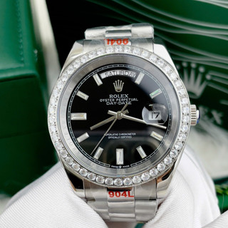 Đồng Hồ Nam Rolex Day Date. Hai Lịch, Mặt Đen, Máy Cơ Nhật Bản, Viền Đá, Mặt Đen, Size 38/40mm, Thép 904L Kính Saphia