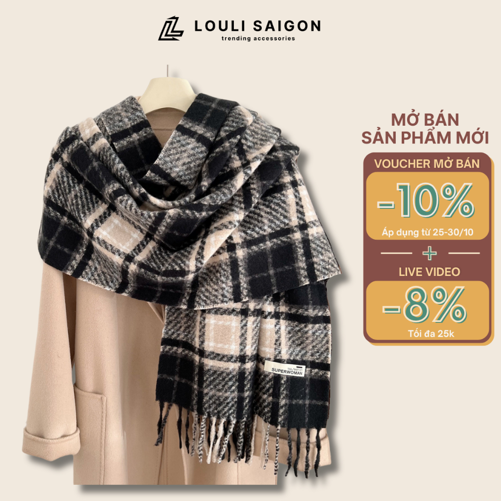 Khăn len quàng cổ nam nữ cashmere LOULI SAIGON, khăn choàng len dệt kim sọc bản to phong cách Hàn Quốc K03