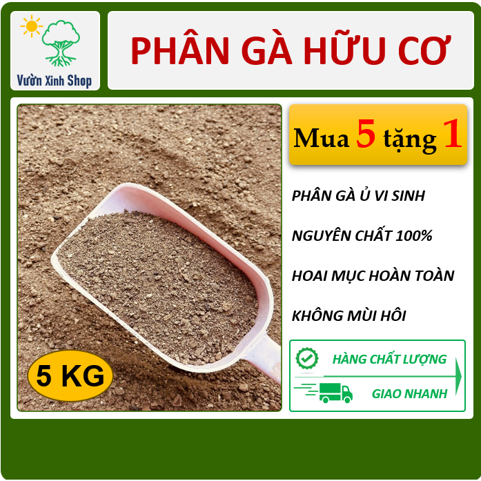 Phân gà hữu cơ, không mùi hôi, phân bón hữu cơ cho rau sạch, hoa hồng, hoa lan, cây cảnh, 5kg