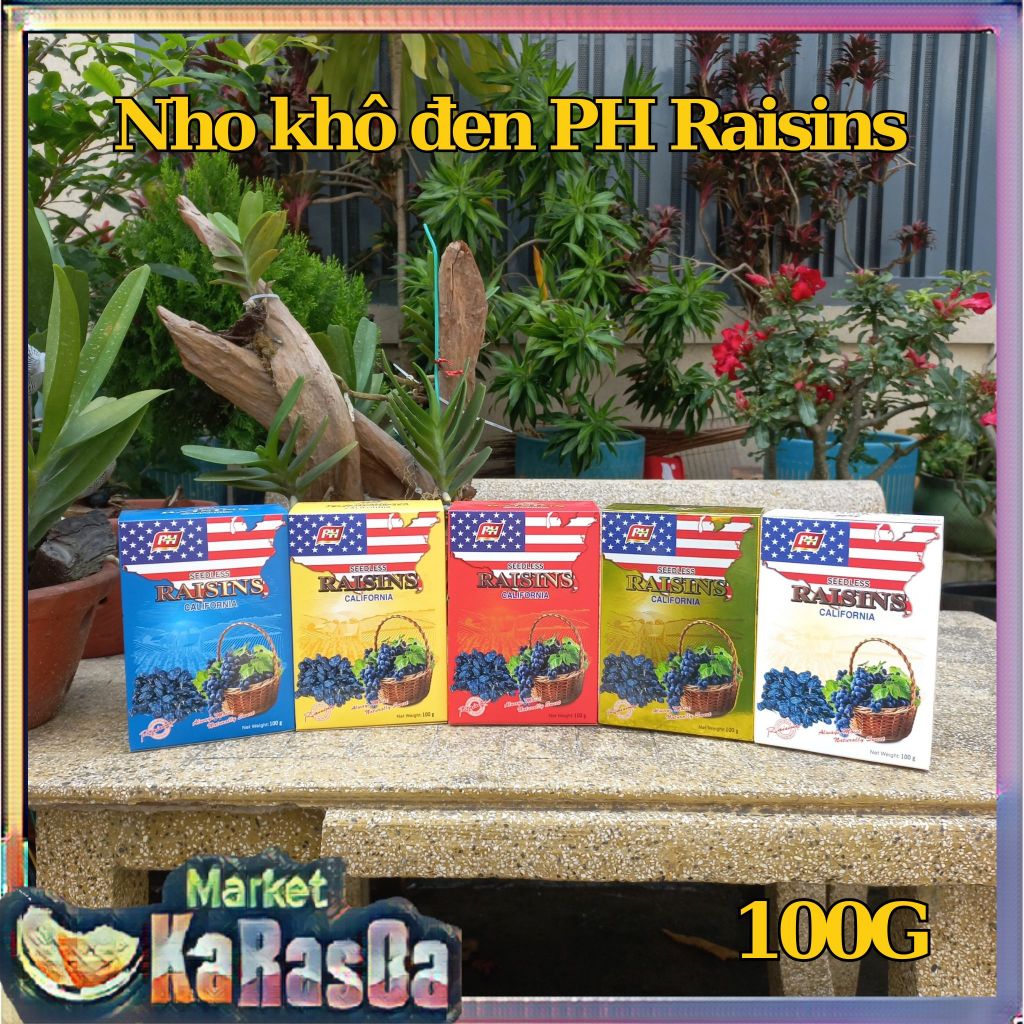 Nho Khô Đen nhập khẩu Mỹ PH Raisins 100g Hộp giấy hình Lá cờ