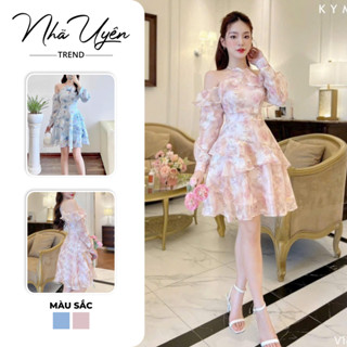 Đầm váy nữ đi chơi,đầm voan hoa cổ yếm bèo trễ vai dáng xòe voan hoa nhí nhẹ nhàng trẻ trung