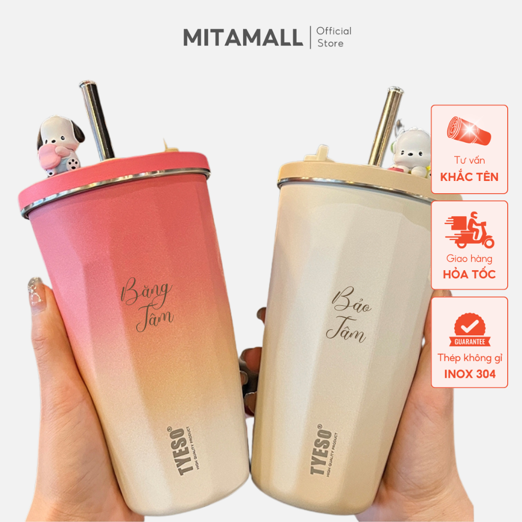 Ly giữ nhiệt TYESO MITAMALL 600ML, inox 304, ống hút inox, cọ rửa, khắc tên theo yêu cầu