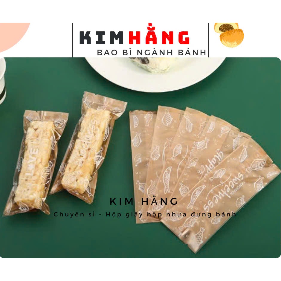 Set 100 túi đựng đế bánh thuyền - Túi đựng bánh thuyền nâu 4 mặt hoạ tiết cá - Túi đựng thanh gạo lứ