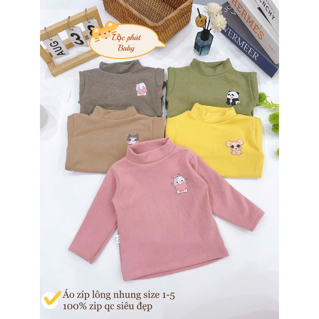 Áo giữ nhiệt zip lông chất nỉ Hàn in hình ở ngực mềm đẹp mặc ấm cho bé 5-17kg