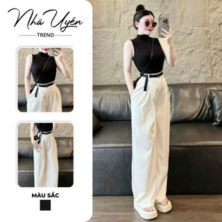 Set bộ thời trang nữ mặc đi chơi áo thun gân ba lỗ cổ cao màu đen ôm mix quần dài kaki kèm thắt lưng sang chảnh