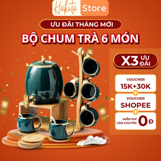 Bộ Ấm Chum Trà Có Vòi Kèm Bộ 6 Cốc Theo Tone Xanh Ngọc/Trắng - Có Sẵn Khay Gỗ Tiện Lợi