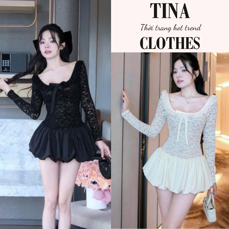 Váy nữ tay dài chất ren dáng mini ôm body phối nơ thời trang Tina, đầm nữ tiểu thư phong cách quyến rũ hcom3338