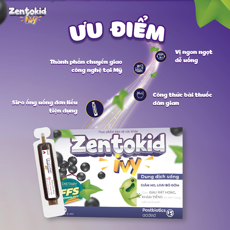Siro ho thảo dược ZENTOKID IVY giúp bé giảm ho, ho đờm, đau rát họng, khản tiếng Hộp 20 ống