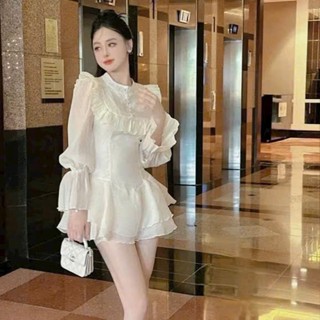 Đầm mini nữ chất tơ hai lớp tay dài cổ tròn đính nơ váy ngắn xòe thiết kế 2 màu xinh xắn để lựa chọn