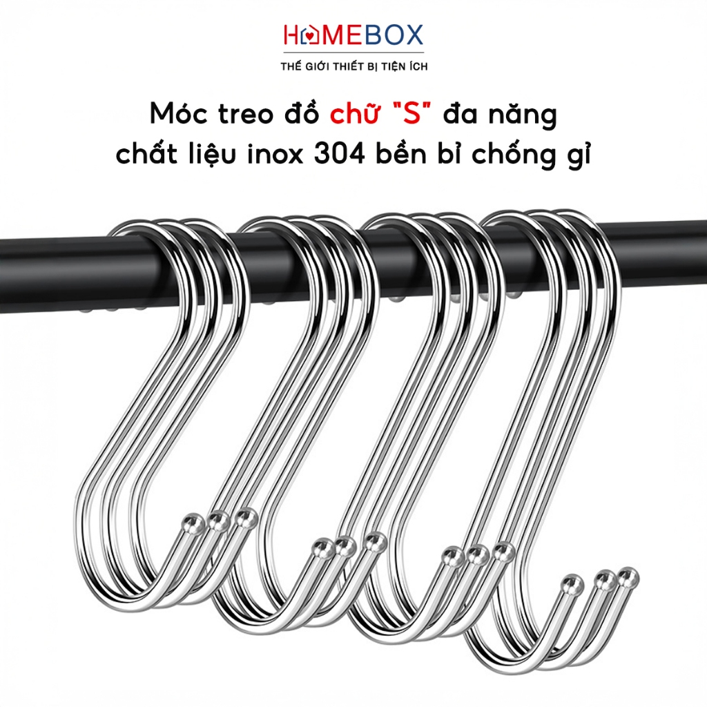 COMBO 5 Móc Treo Đồ Chữ S Đa Năng INOX 304, Treo Quần Áo Đồ Dùng Nhà Bếp Phòng Tắm Gia Dụng Tiện Ích