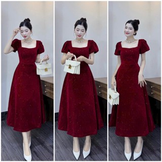  Đầm đỏ thời trang nữ chất nhung kim tuyến nổi bật cổ vuông dáng dài mặc dự tiệc dạ hội cực sang trọng 