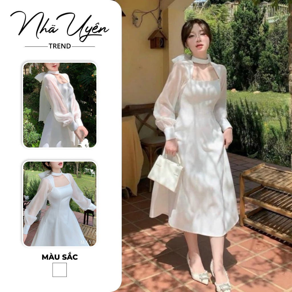 Đầm fashion nữ, đầm trắng thiết kế công chúa tay dài khoét ngực cột nơ sau dáng dài cực xinh cho các